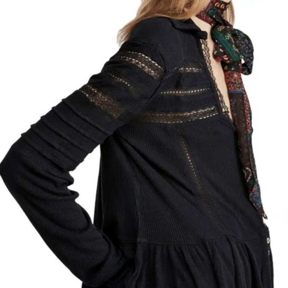 Free People Set To Stun Lace-Inset Low V Neck Collar Tunic Top Black XS $108 - Picture 5 of 16